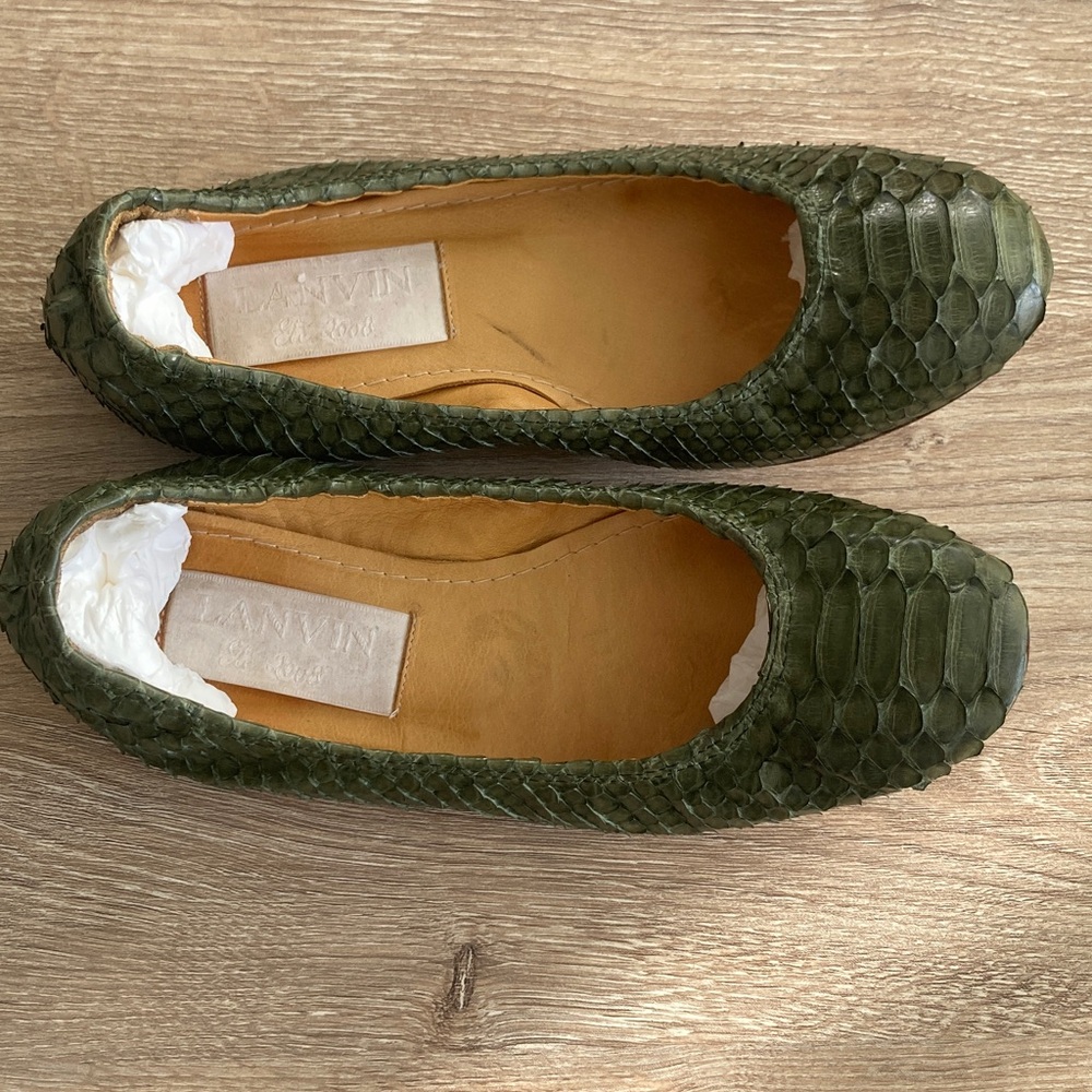 Lanvin Olive Green Python-Embossed Ballet Flats - image 1